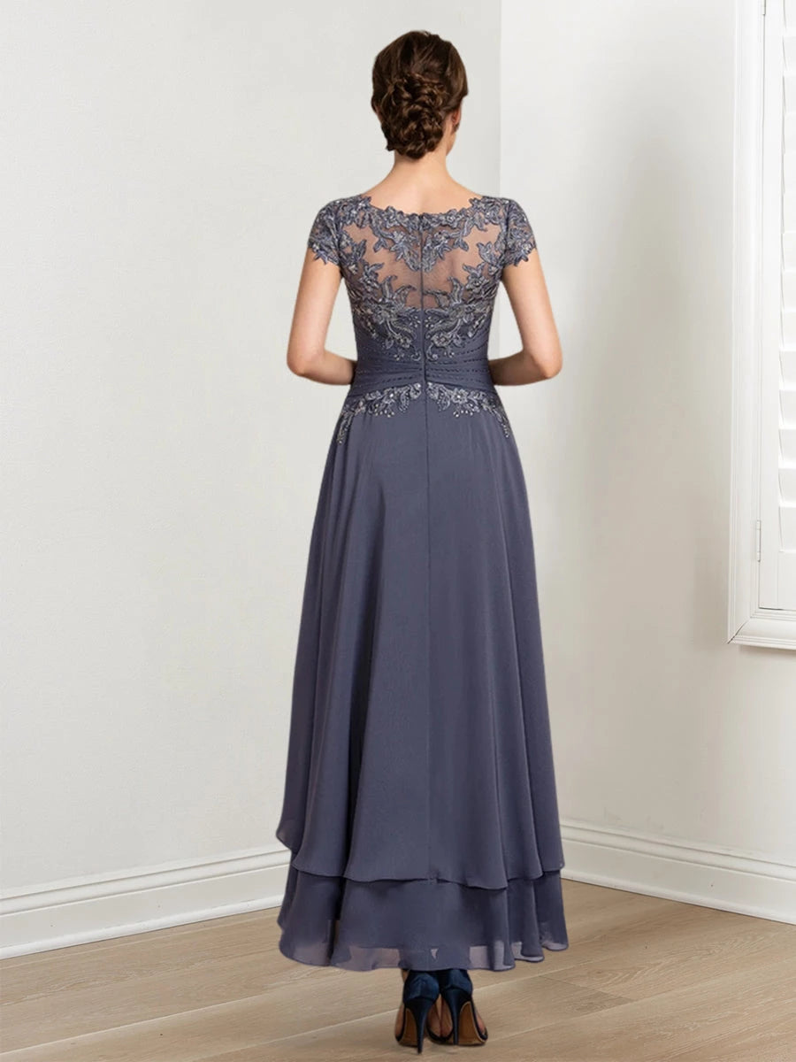 A-Line with Applique Asymmetrical Floor-Length Short Sleeves Mother of the Bride Dresses