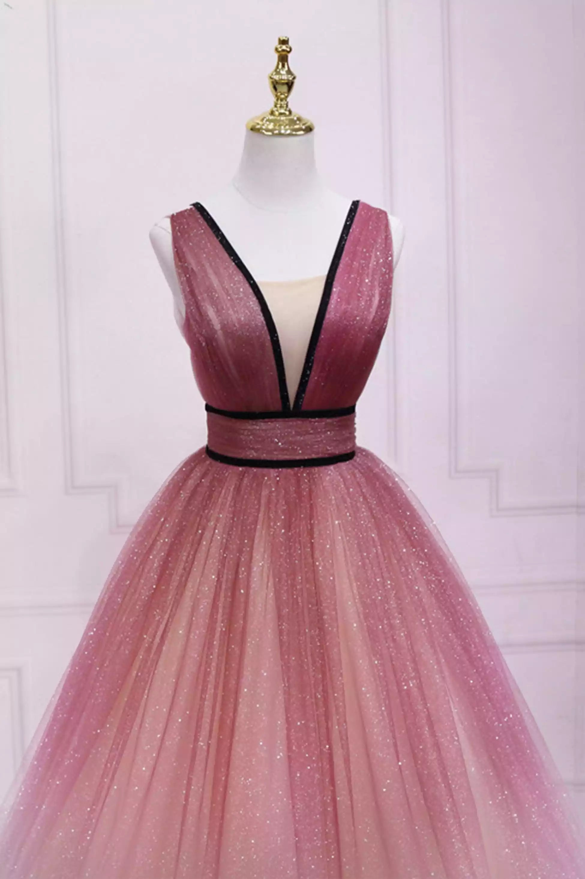 A-line Cute Ombre Tulle V-Neck Long Party Dress Prom Dress