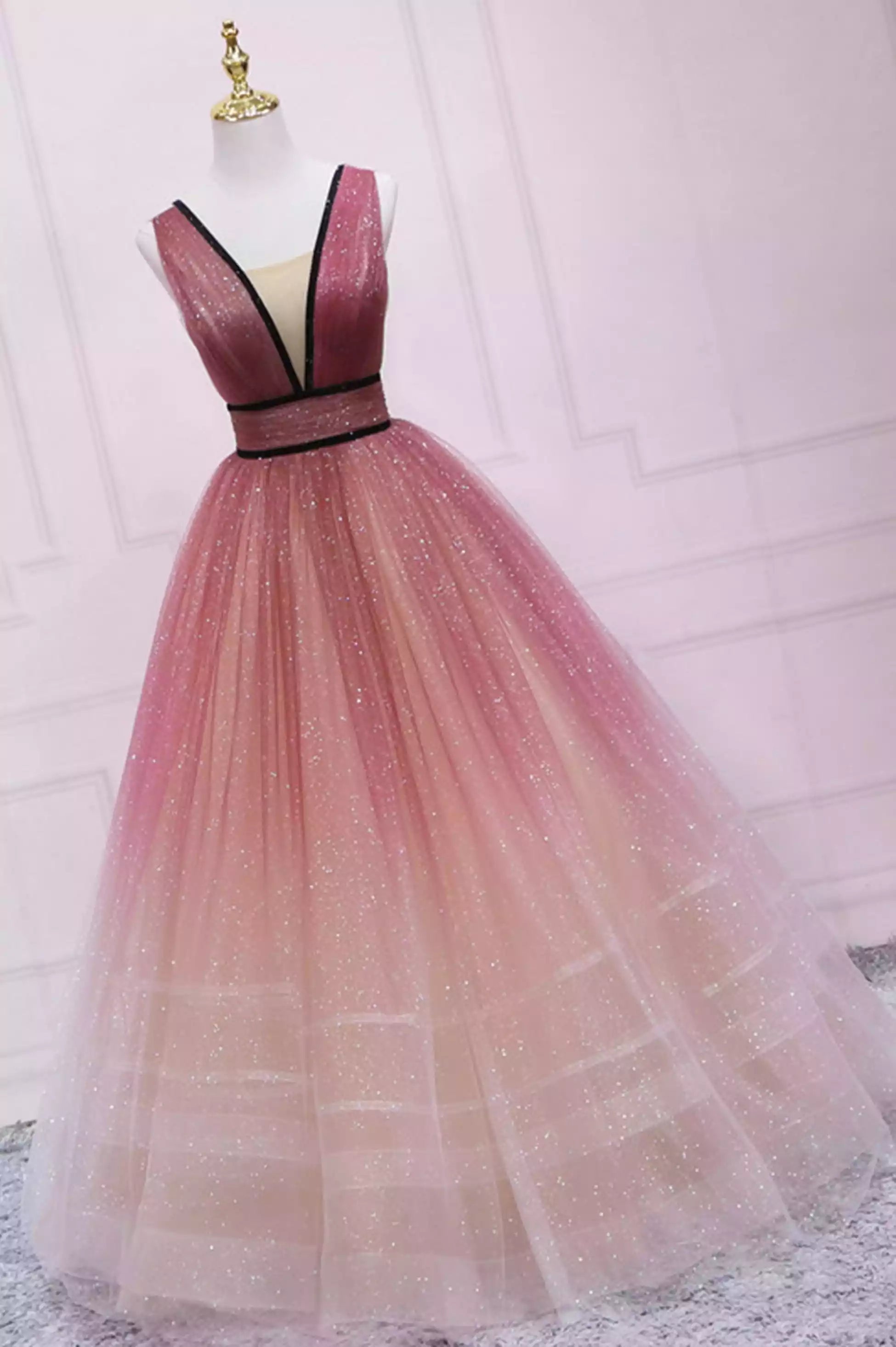 A-line Cute Ombre Tulle V-Neck Long Party Dress Prom Dress