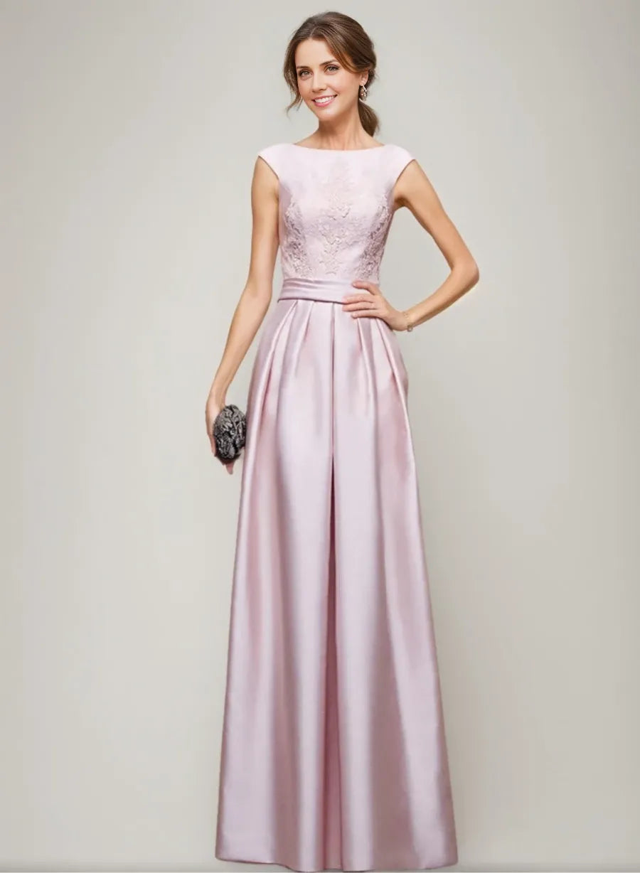 A-line Elegant Scoop Sleeveless Floor-Length with Lace Pleats Mother Of the Bride Dresses
