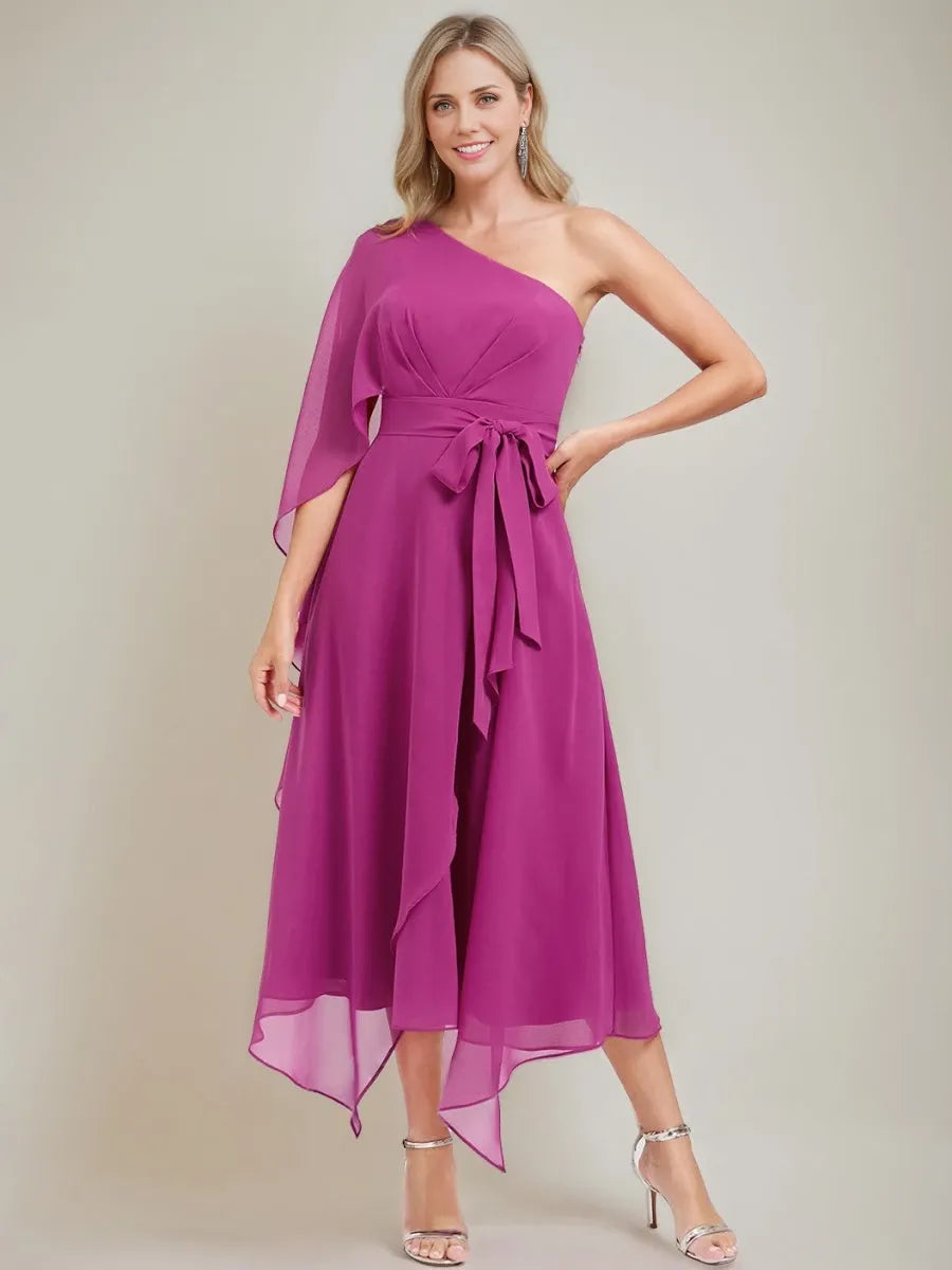 A-line One-Shoulder Asymmetrical Ruched with Bow Sash Mother of the Bride Dresses