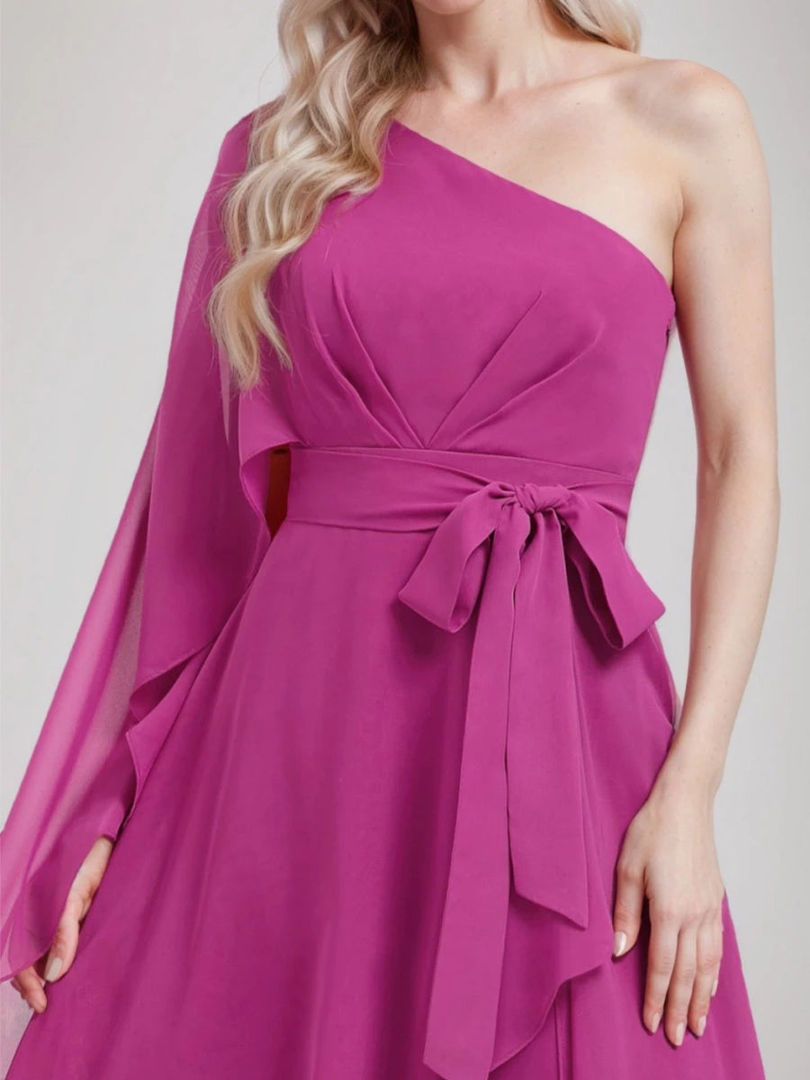 A-line One-Shoulder Asymmetrical Ruched with Bow Sash Mother of the Bride Dresses