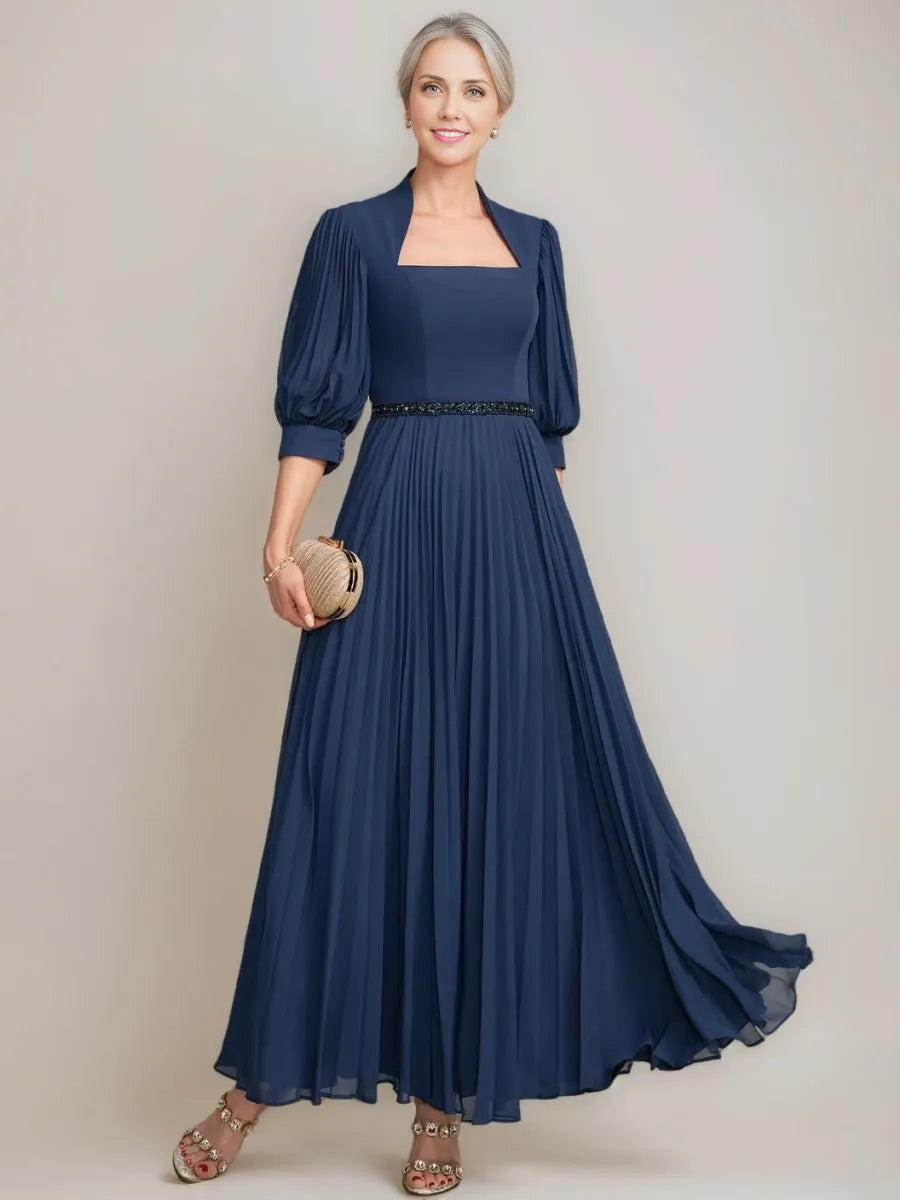 A-line Queen Anne Neckline Half Sleeves Ankle-Length Pleated with Sequins Beads Mother of the Bride Dresses