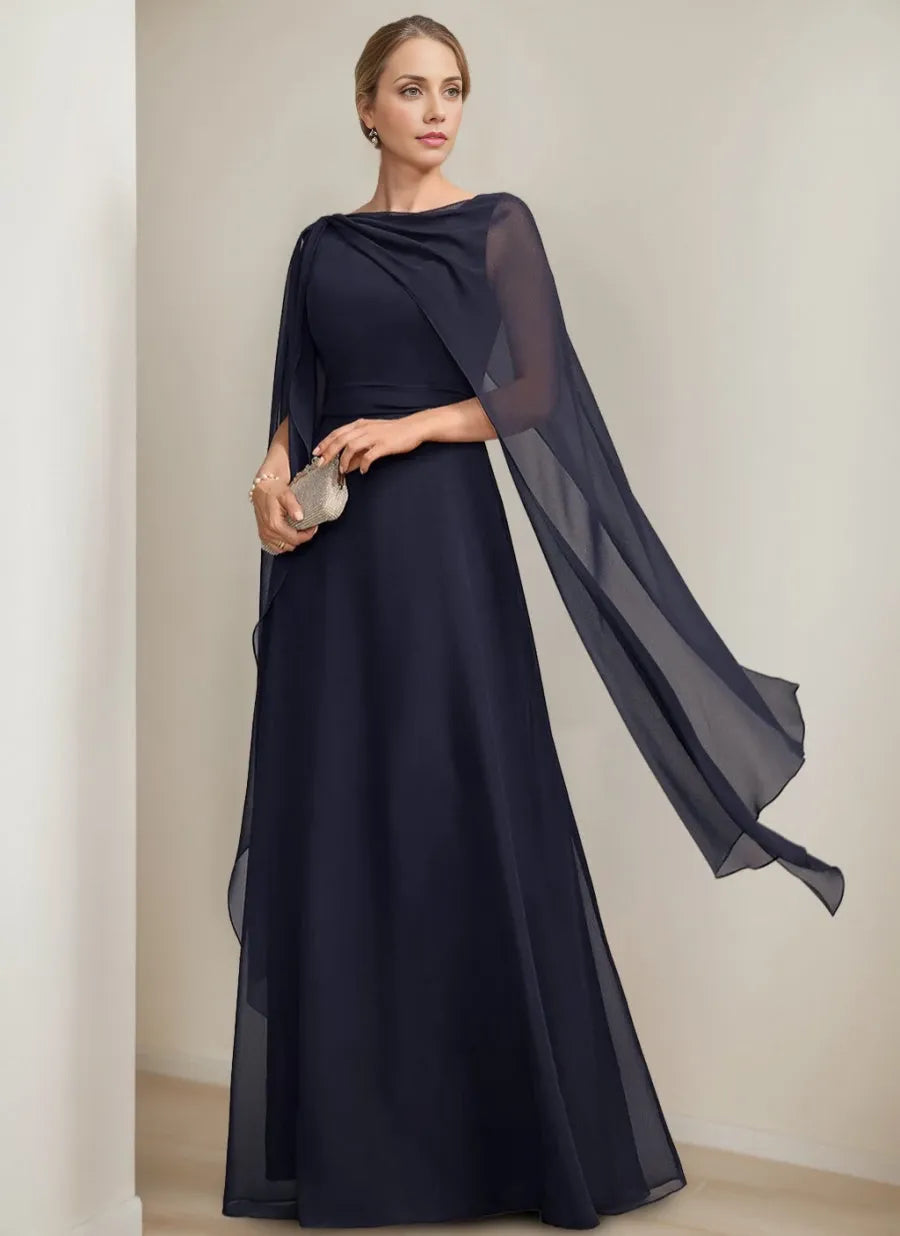 A-line Scoop Floor-Length Cape Sleeves with Bow Ruffles Mother Of The Bride Dresses