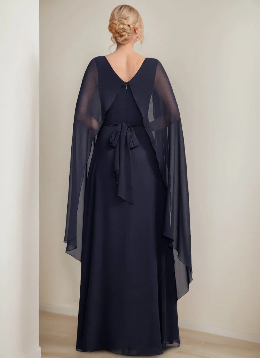 A-line Scoop Floor-Length Cape Sleeves with Bow Ruffles Mother Of The Bride Dresses