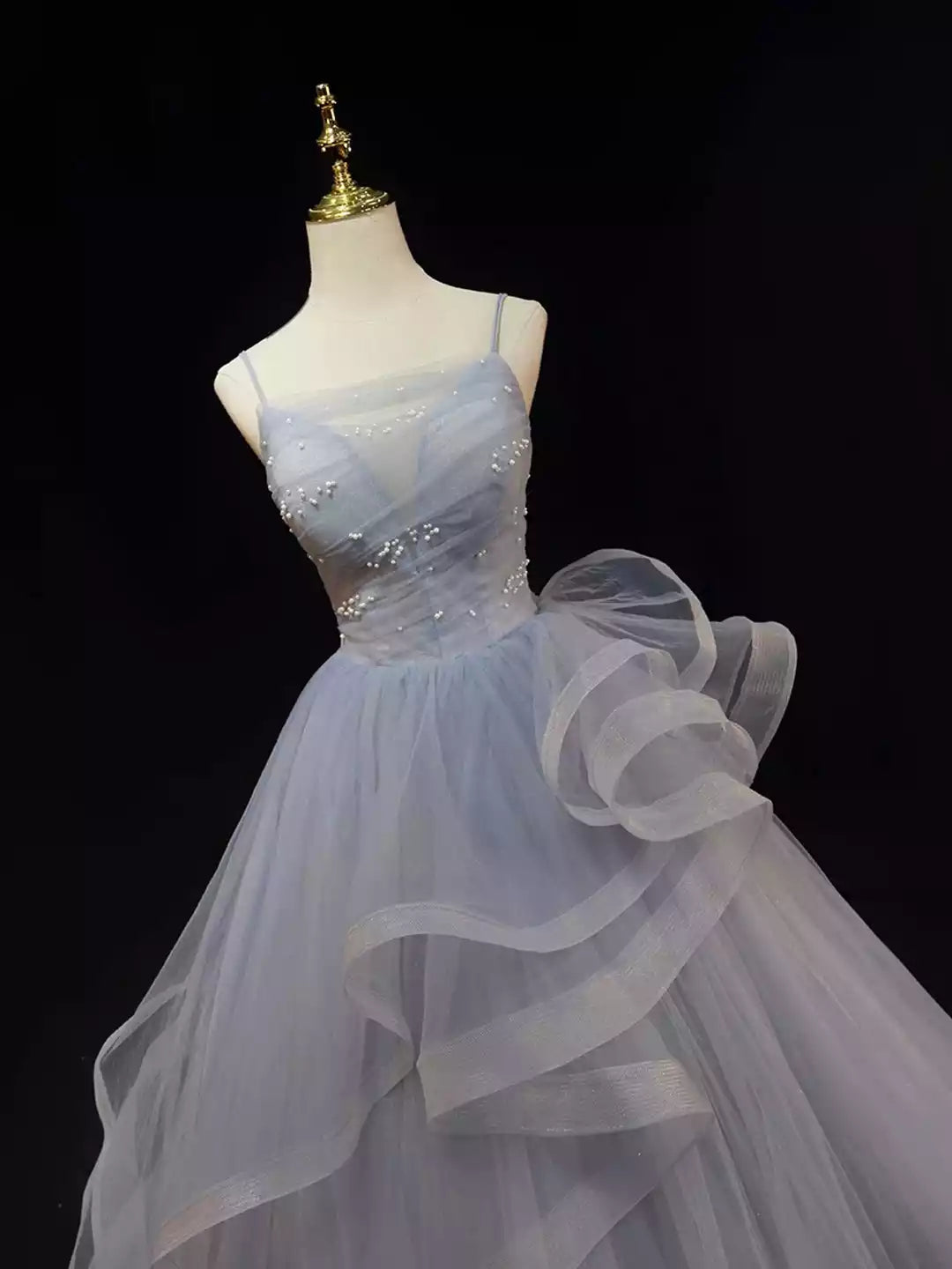 A-line Spaghetti Straps Sleeveless Backless Beautiful Gray Cascading Ruffles Pearl Prom Dress Formal Dress