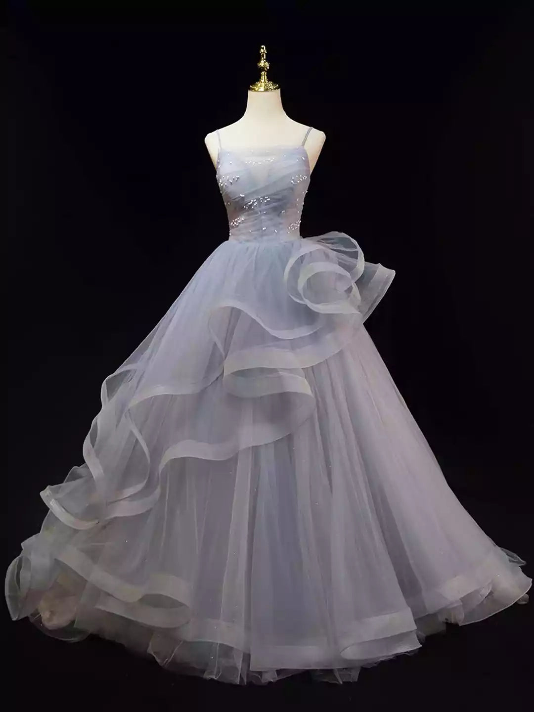 A-line Spaghetti Straps Sleeveless Backless Beautiful Gray Cascading Ruffles Pearl Prom Dress Formal Dress