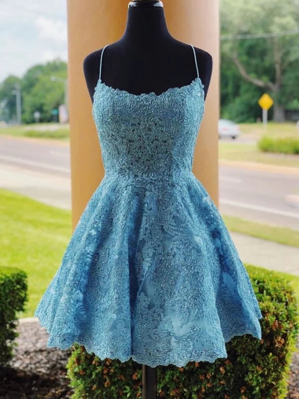 A Line Backless Lace Blue Short Prom Backless Blue Lace Formal Graduation Evening Party Dresses Homecoming Dresses