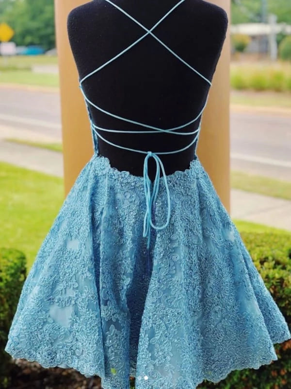 A Line Backless Lace Blue Short Prom Backless Blue Lace Formal Graduation Evening Party Dresses Homecoming Dresses