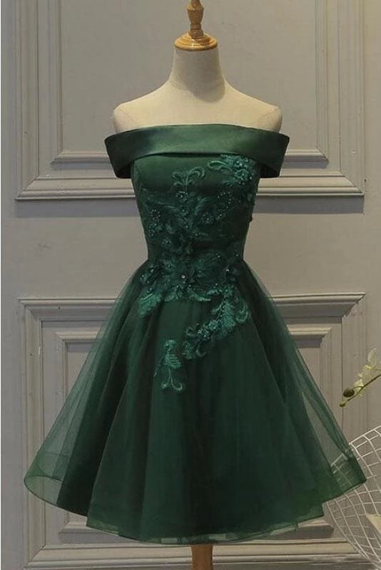 A Line Dark Green Off the Shoulder Tulle Appliqued Short Prom Dress Party Dresses Homecoming Dresses