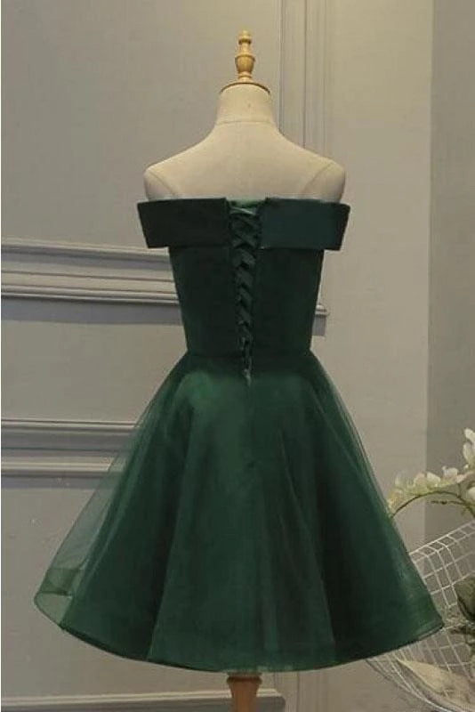 A Line Dark Green Off the Shoulder Tulle Appliqued Short Prom Dress Party Dresses Homecoming Dresses