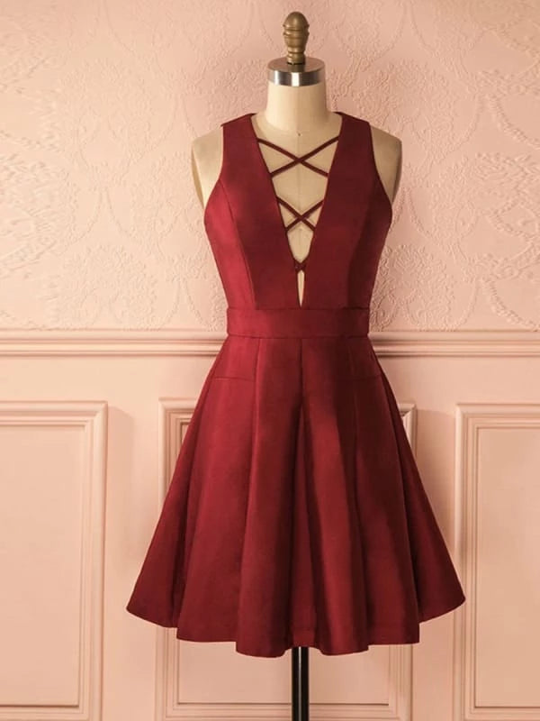 A Line Deep V Neck Burgundy Satin Short Prom Burgundy Formal Graduation Evening Party Dresses Homecoming Dresses