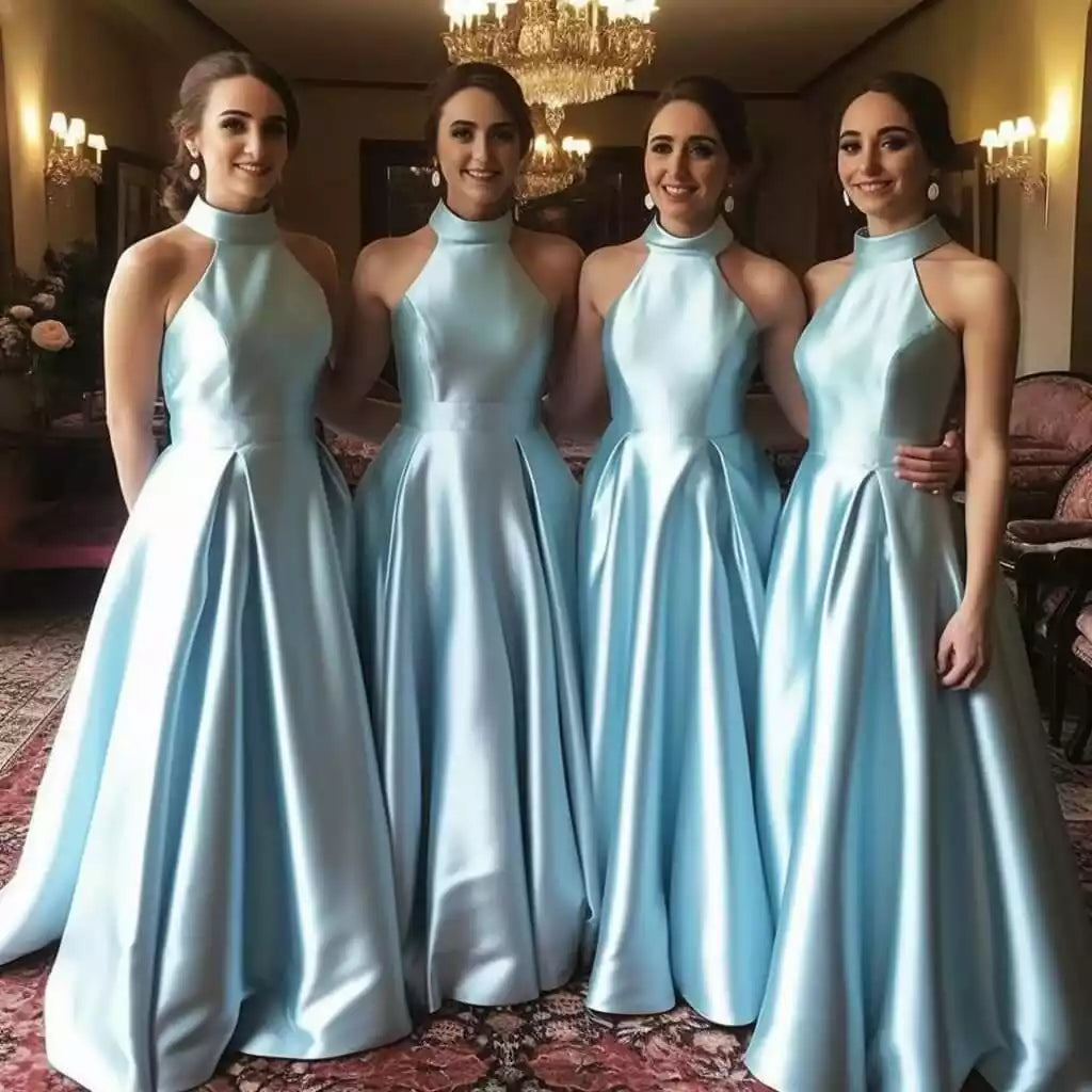 A Line Hot Halter Blue Satin Bridesmaid Dresses Sleeveless Floor length Wedding Party Dresses