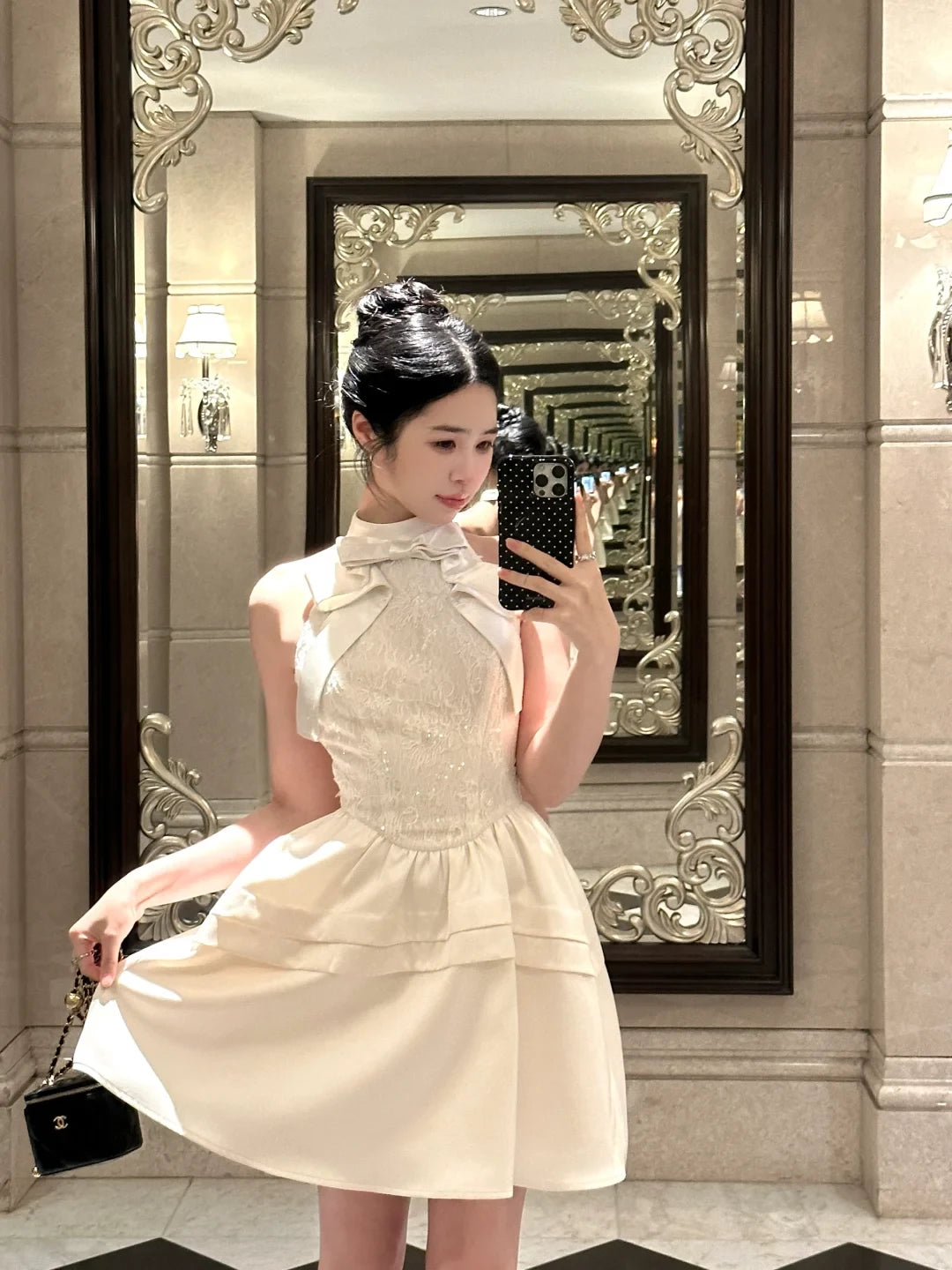 A Line Sheath Halter Bow Lace Ivory Satin Short Sleeveless Prom Dress Cocktail Dress Homecoming Dress Evening Dress Party Dress