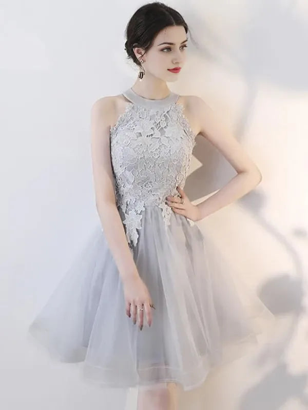 A Line Short Gray Lace Prom with Appliques Gray Lace Formal Graduation Party Dresses Homecoming Dresses