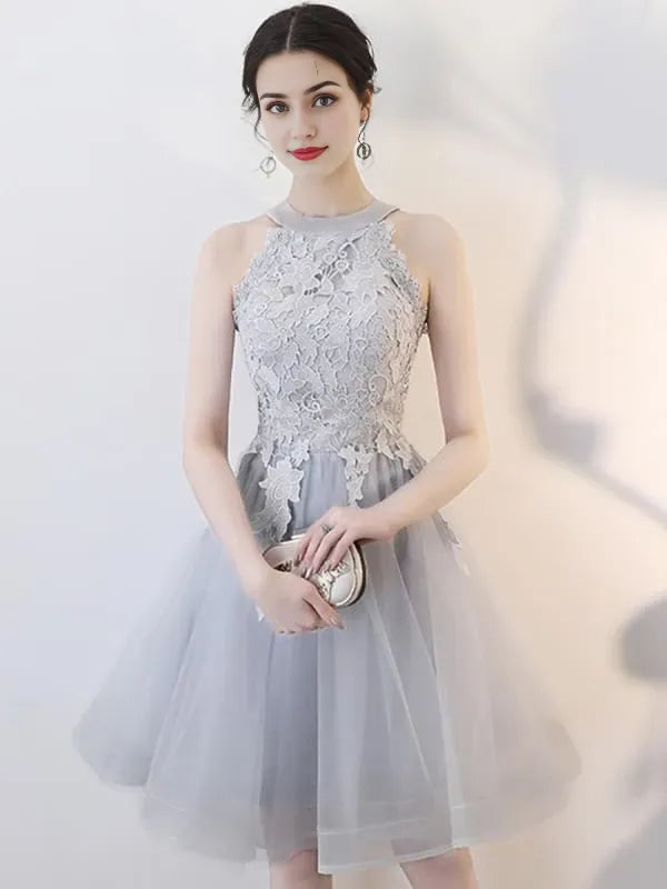 A Line Short Gray Lace Prom with Appliques Gray Lace Formal Graduation Party Dresses Homecoming Dresses