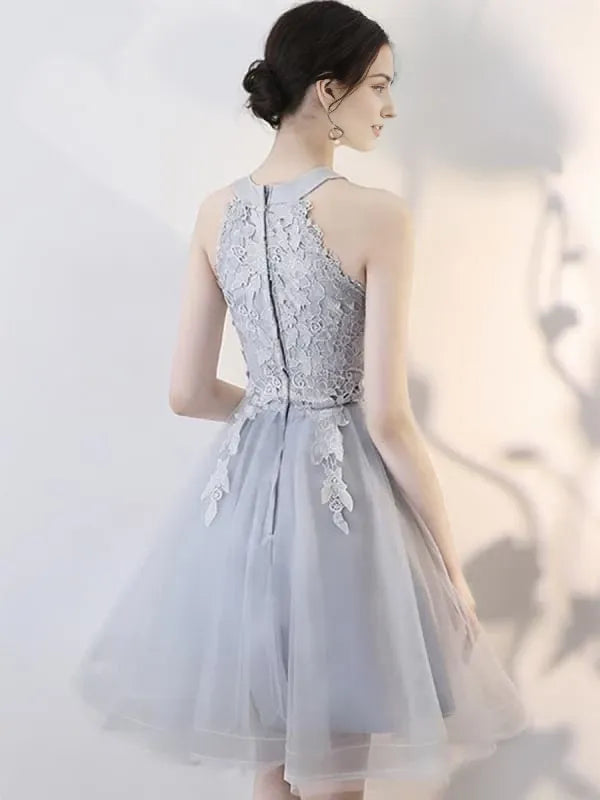 A Line Short Gray Lace Prom with Appliques Gray Lace Formal Graduation Party Dresses Homecoming Dresses