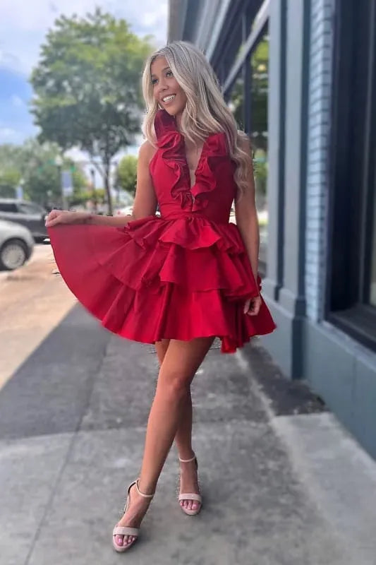 A Line Sleeveless V-Neck Red With Ruffles Party Dresses Homecoming Dress