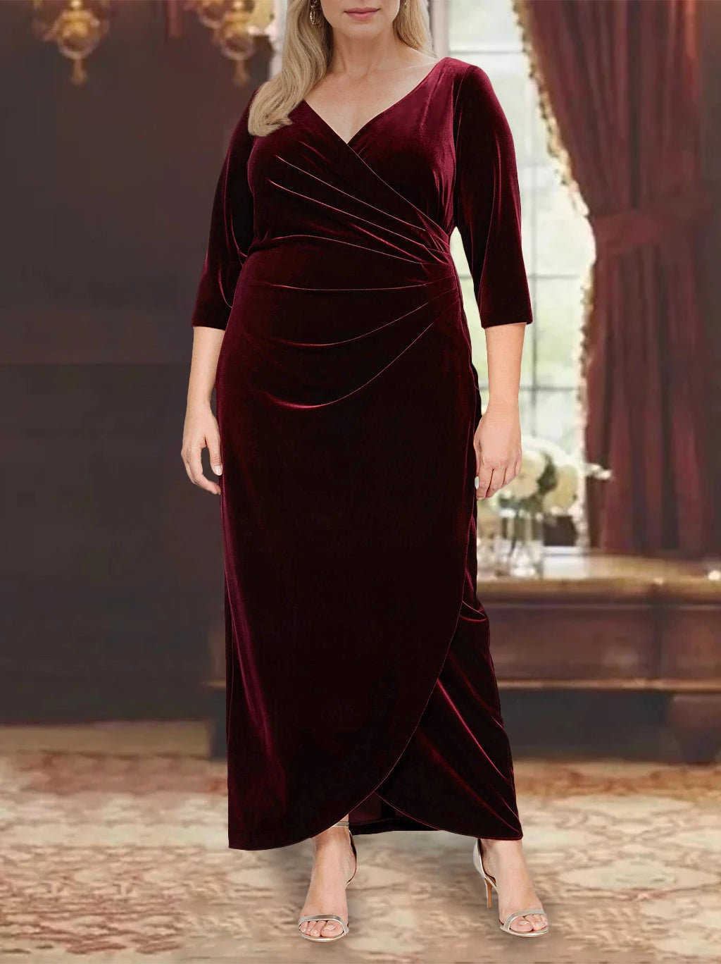 A Line V-Neck Burgundy Velvet Long Length Sleeves Asymmetrical with Ruffles Mother of the Bride Dresses