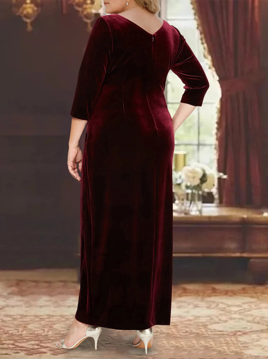A Line V-Neck Burgundy Velvet Long Length Sleeves Asymmetrical with Ruffles Mother of the Bride Dresses