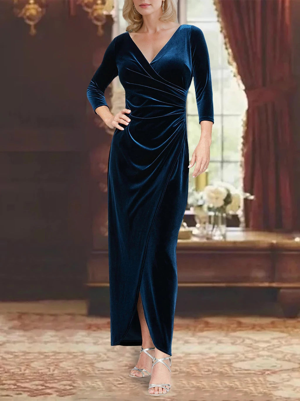 A Line V-Neck Velvet Long Length Sleeves Asymmetrical with Ruffles Mother of the Bride Dresses