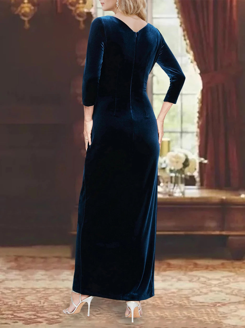 A Line V-Neck Velvet Long Length Sleeves Asymmetrical with Ruffles Mother of the Bride Dresses