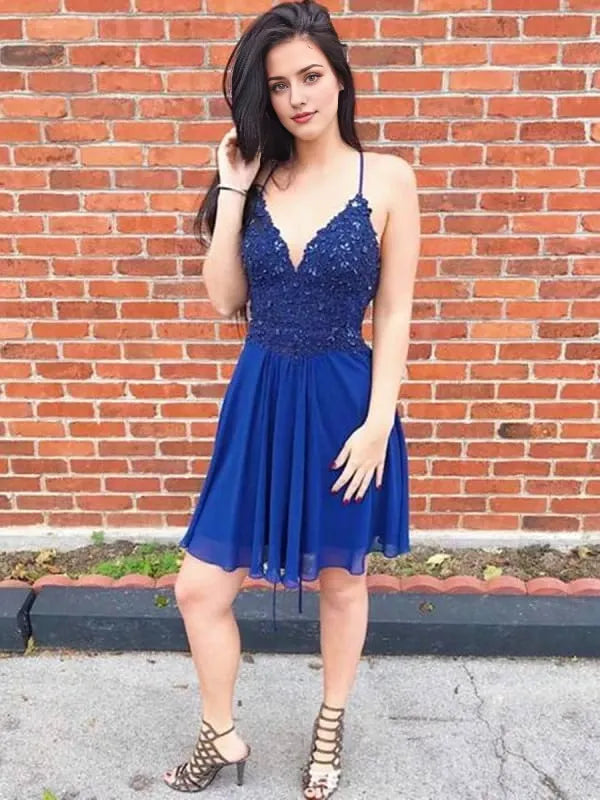 A Line V Neck Backless Beaded Lace Blue Short Prom Backless Lace Blue Formal Graduation Evening Party Dresses Homecoming Dresses
