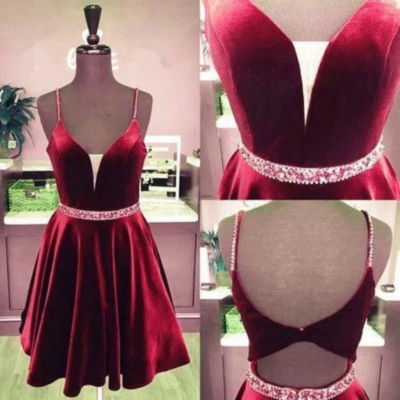 A Line V Neck Beaded Burgundy Velvet Prom Dresses Burgundy Short Maroon Formal Evening Dresses with Belt Party Dresses Homecoming Dresses