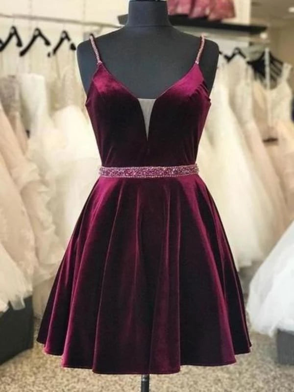 A Line V Neck Beaded Burgundy Velvet Prom Dresses Burgundy Short Maroon Formal Evening Dresses with Belt Party Dresses Homecoming Dresses