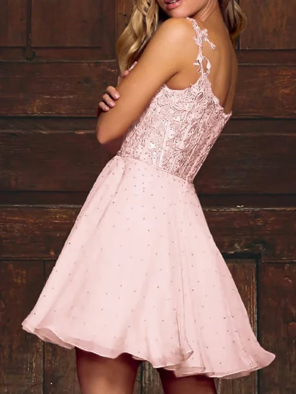 A Line V Neck Beaded Pink Lace Short Prom Dresses Short Pink Formal Evening Dresses Party Dresses Homecoming Dresses
