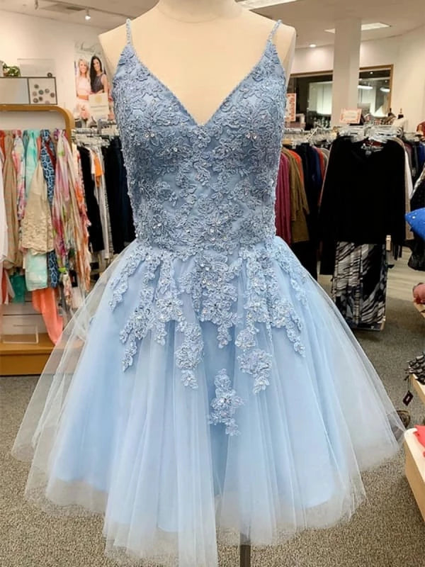 A Line V Neck Blue Lace Appliques Short Prom Blue Lace Formal Graduation Evening Party Dresses Homecoming Dresses