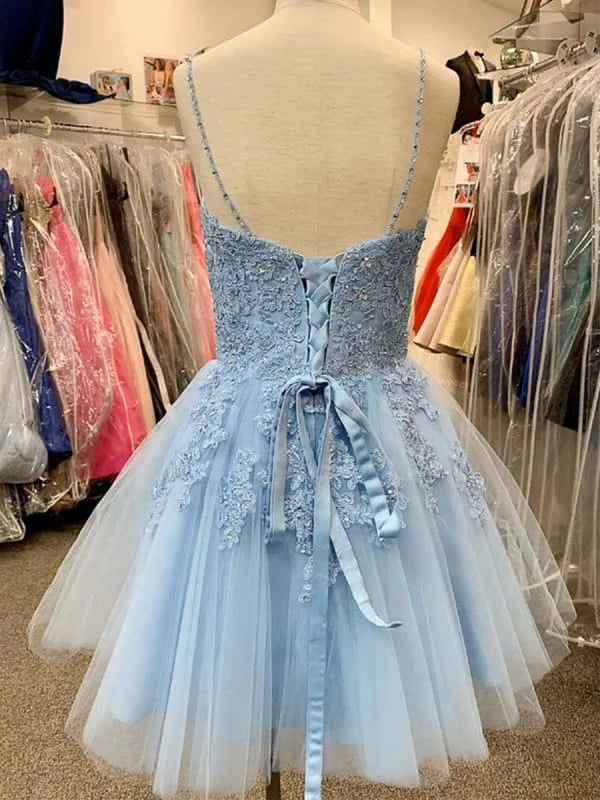 A Line V Neck Blue Lace Appliques Short Prom Blue Lace Formal Graduation Evening Party Dresses Homecoming Dresses
