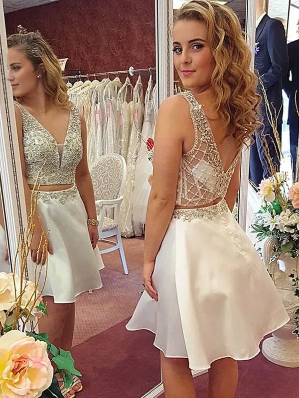 A Line V Neck Short 2 Pieces Beaded Prom Two Pieces White Beaded Formal Party Dresses Homecoming Dresses