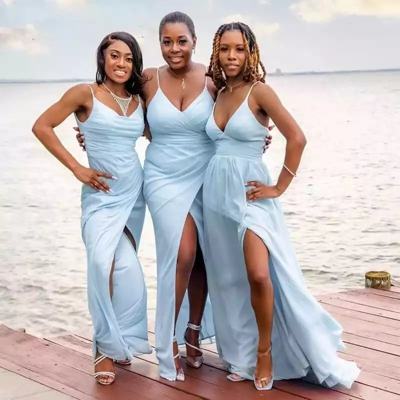 A Line V Neck sleeveless Light Blue Chiffon Beach Bridesmaid Dresses