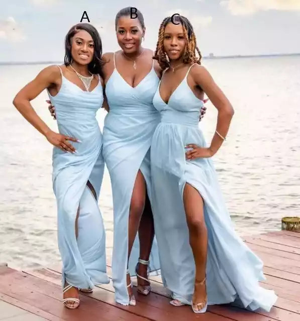 A Line V Neck sleeveless Light Blue Chiffon Beach Bridesmaid Dresses