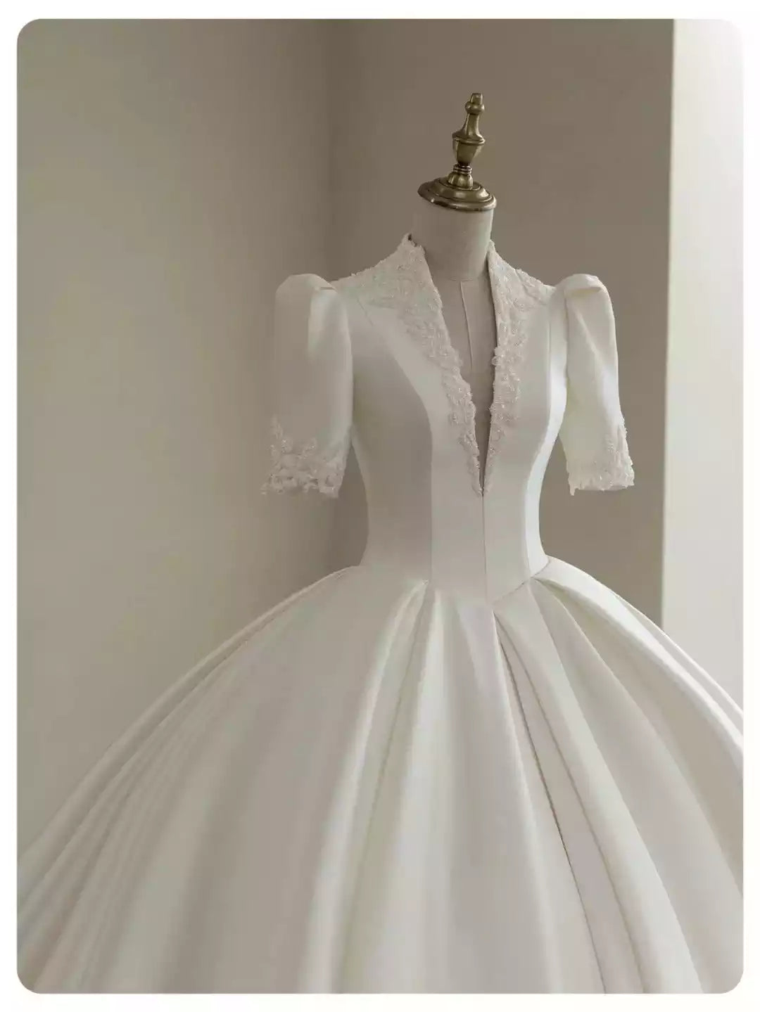 A Line White Deep V Neck Short Sleeves Satin Long Princess Wedding Dress