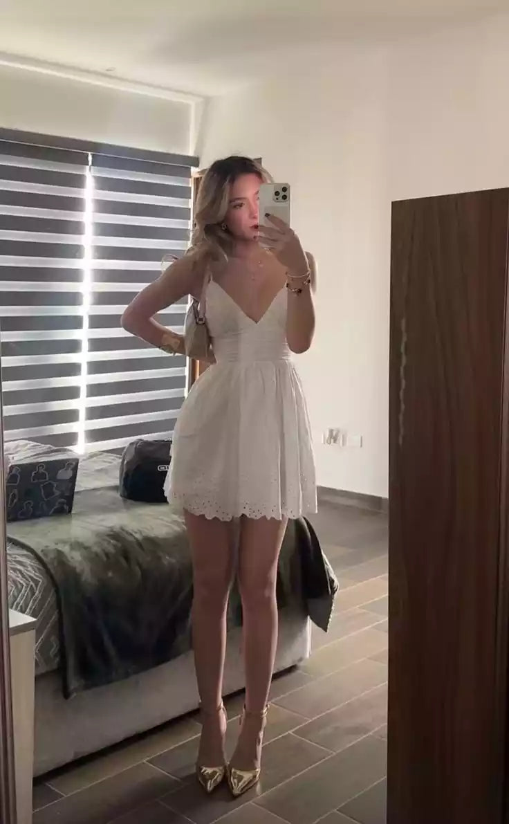 A Line White V Neck sleeveless Short Evening Dress Short Party Dress Homecoming Dress