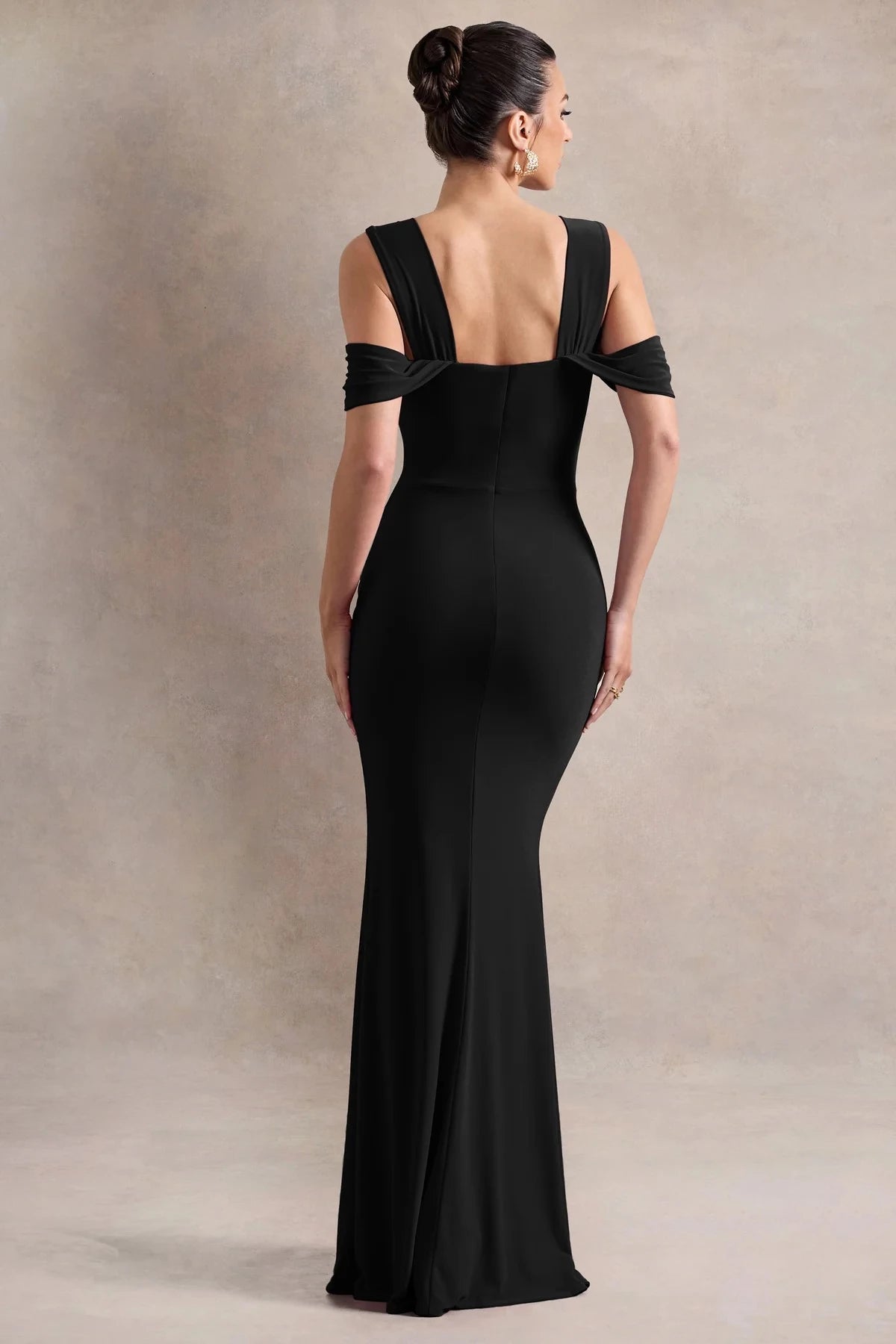 Absorbing Mermaid Cold Shoulder Cowl Neck Ruched High Slit Floor Length Evening Dress