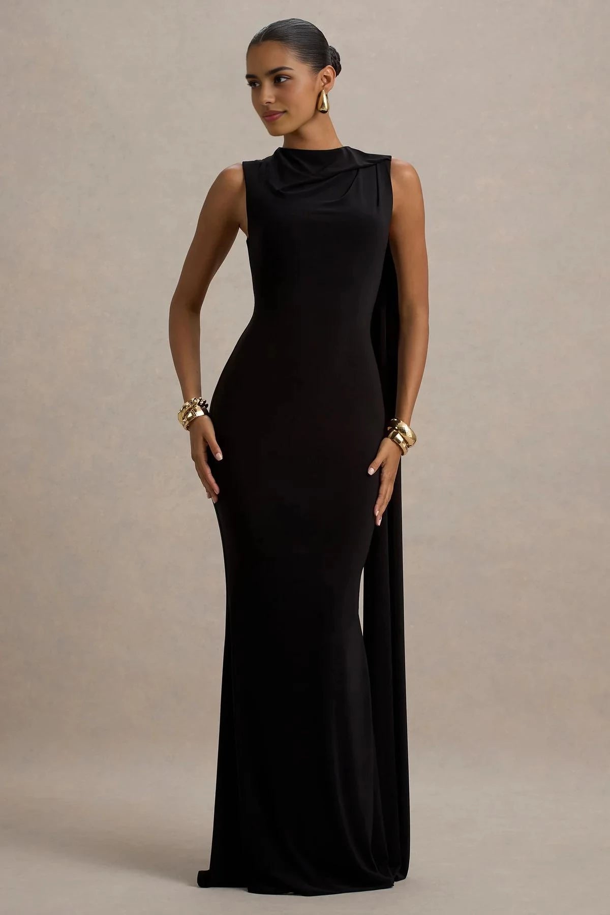 Absorbing Mermaid Cowl Neck Sleeveless Draped Back Floor Length Evening Dress