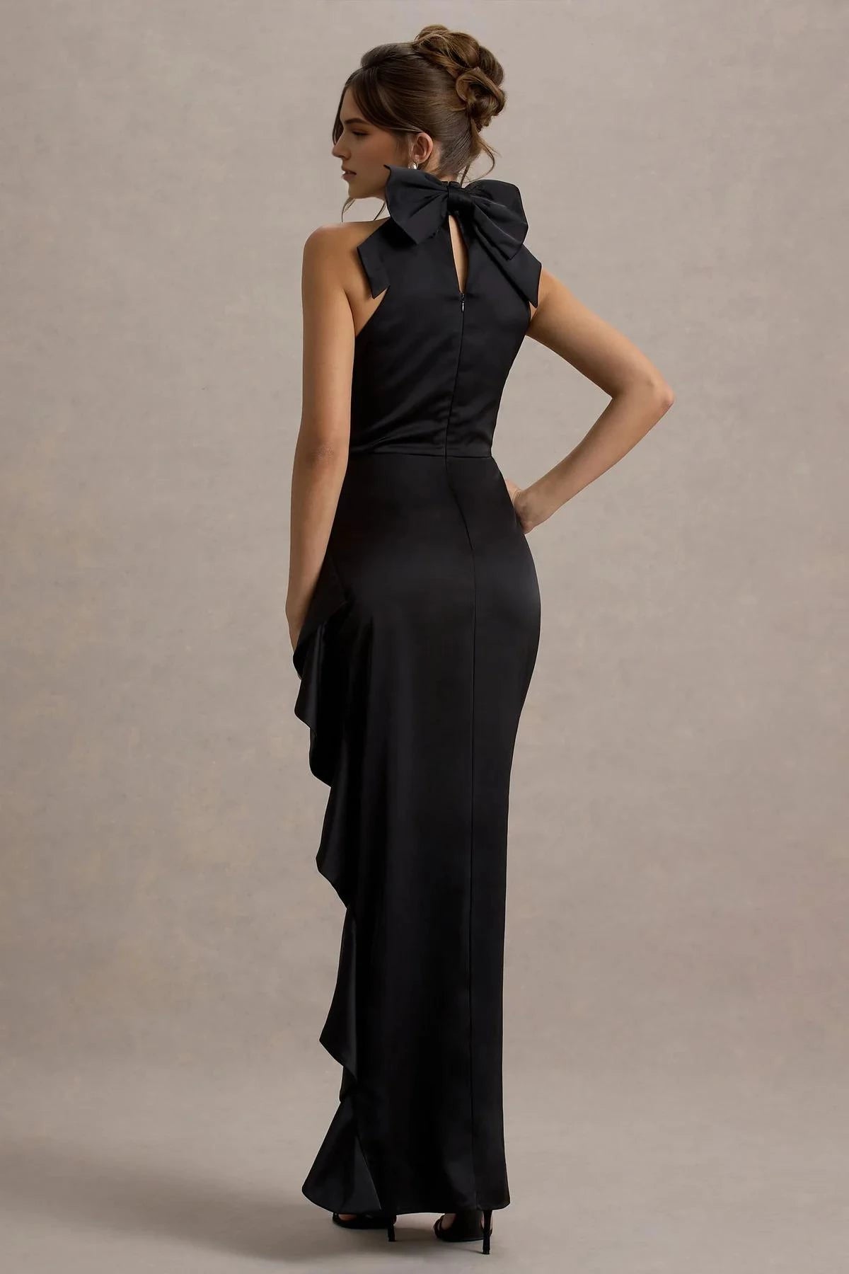 Absorbing Mermaid Halter Neck Sleeveless Bow Back High Slit Floor Length Evening Dress