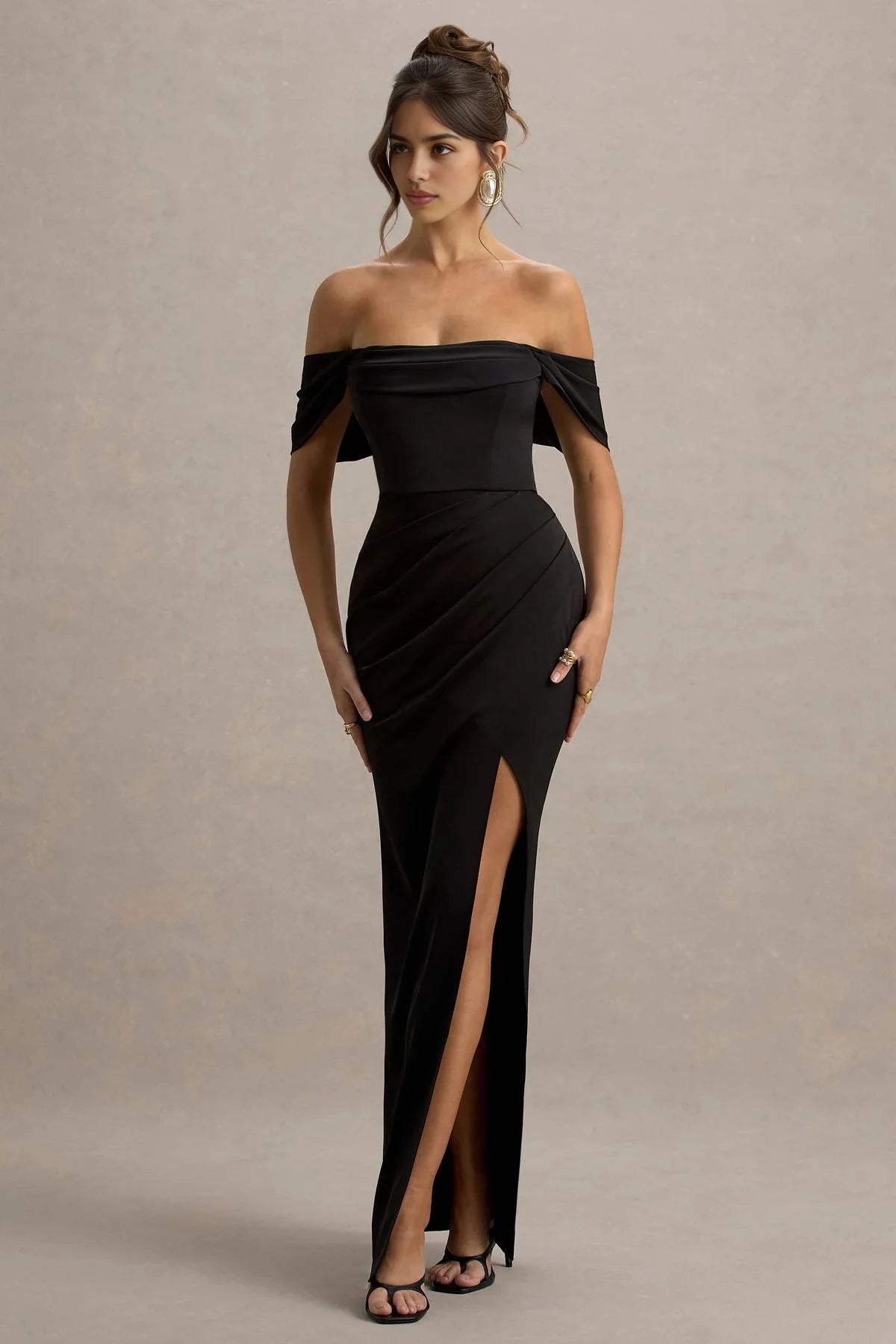 Absorbing Mermaid Off Shoulder Cowl Neck Ruched High Slit Floor Length Evening Dress