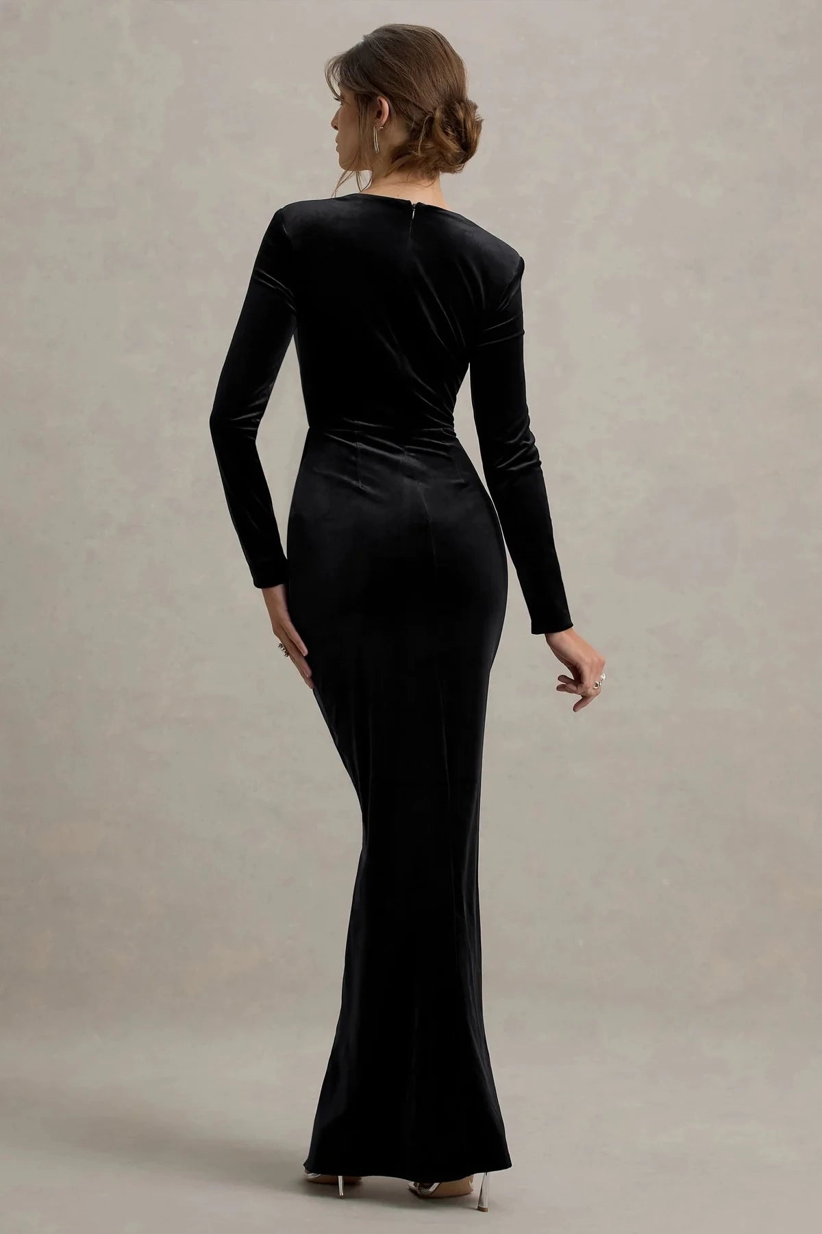 Absorbing Mermaid Square Neck Long Sleeve Ruched Side Back Zipper High Slit Floor Length Evening Dress