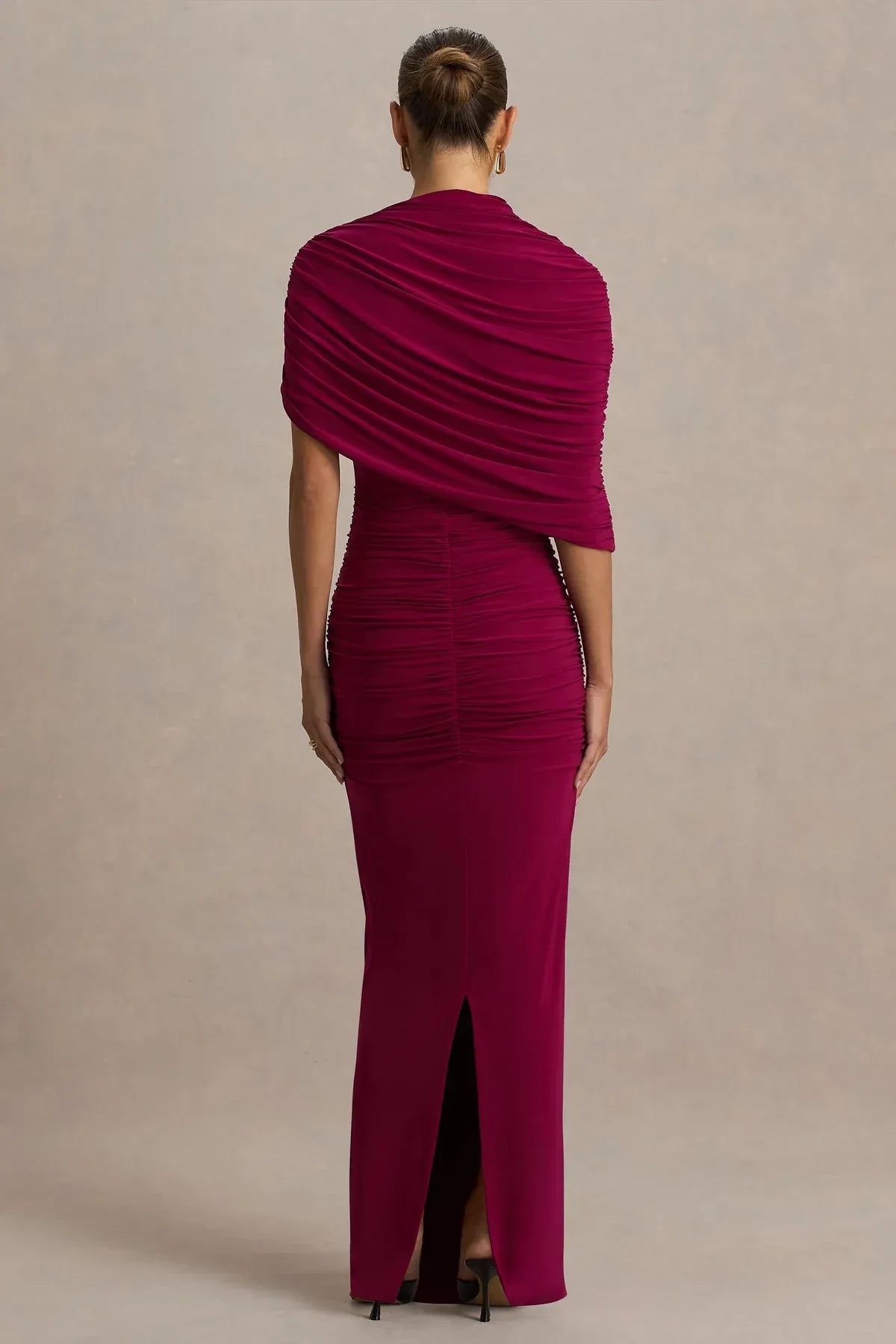 Absorbing Sheath Draped Neck Asymmetrical Sleeve Ruched Back Floor Length Evening Dress