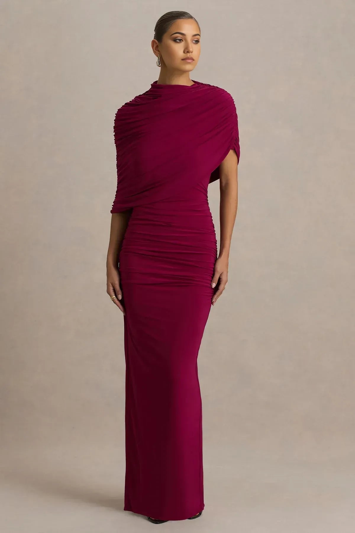 Absorbing Sheath Draped Neck Asymmetrical Sleeve Ruched Back Floor Length Evening Dress