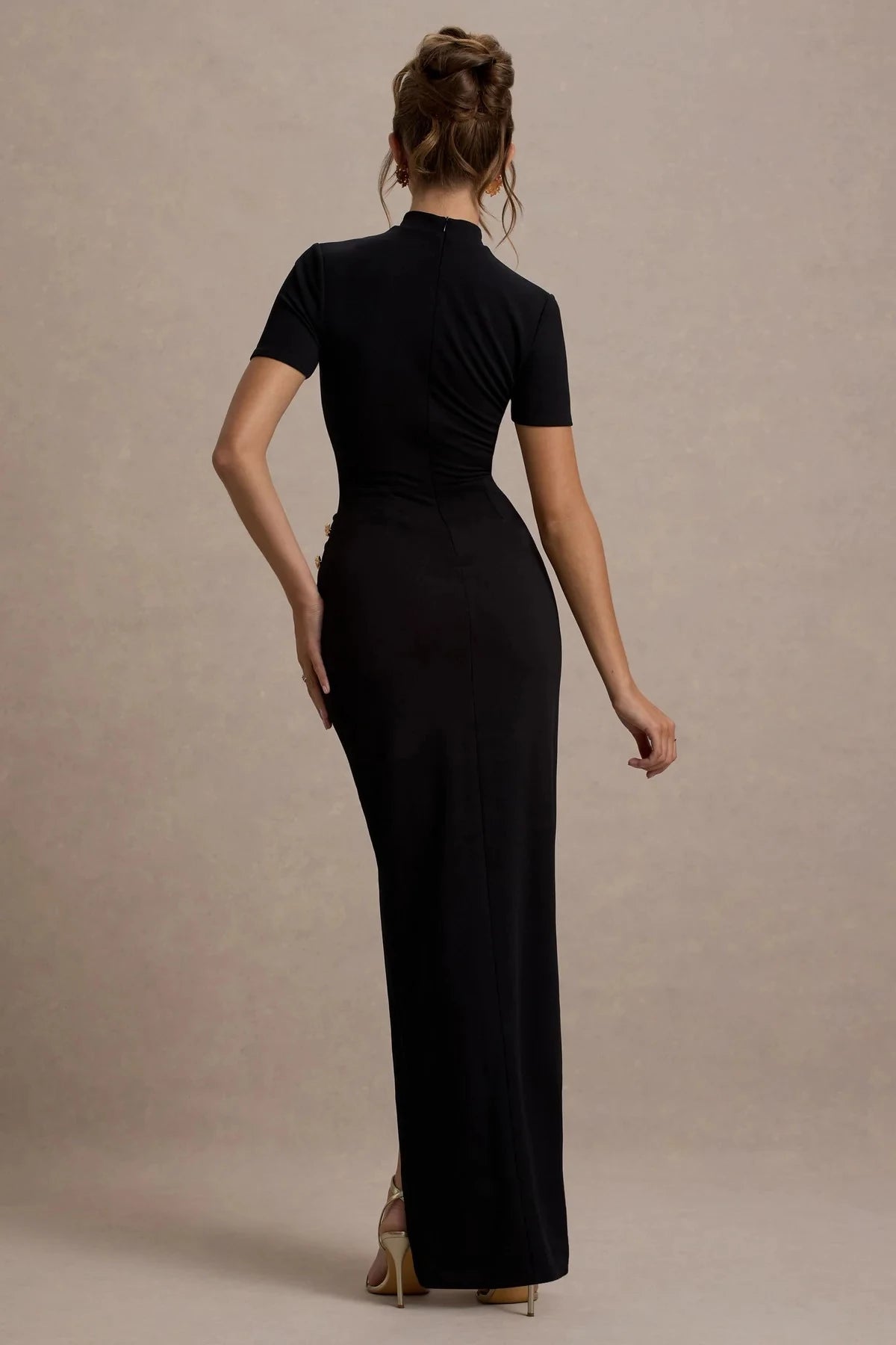 Absorbing Sheath Mock Neck Short Sleeve Button Detail High Slit Floor Length Evening Dress