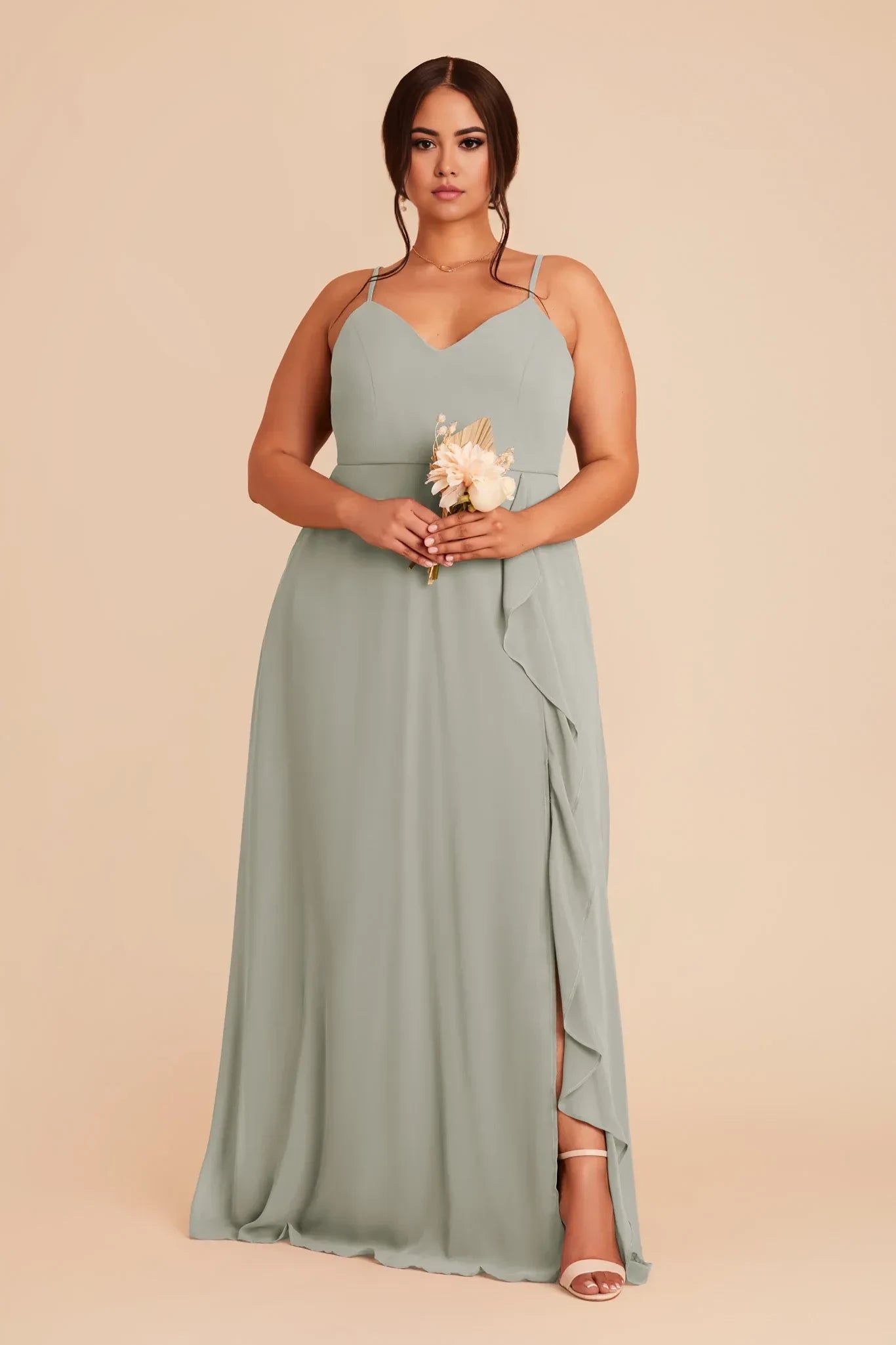 Adorable A Line V Neck Spaghetti Strap Open Back Floor Length Plus Size Bridesmaid Dress