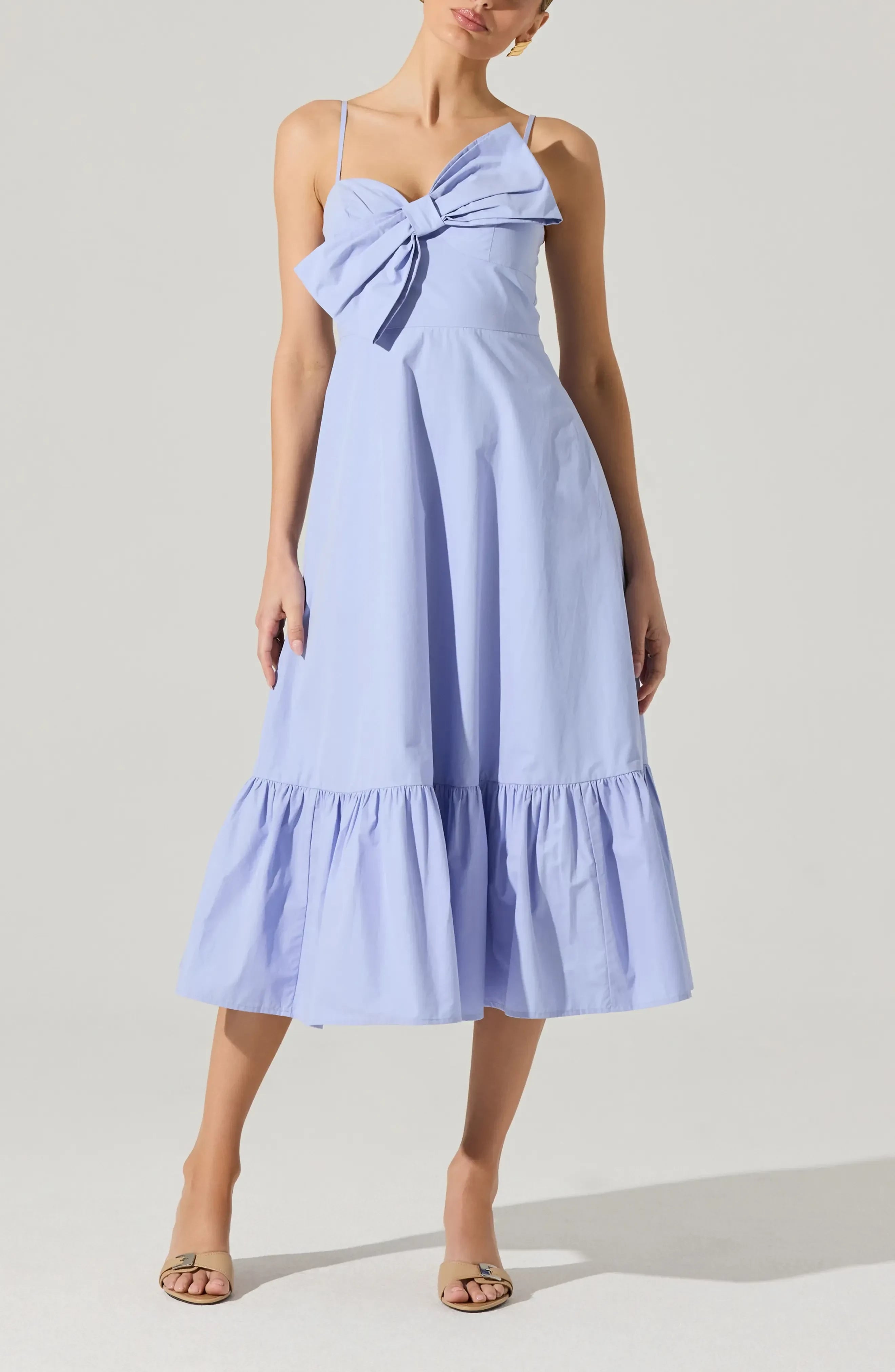 Adorable Bow Detail Sweetheart Neck Spaghetti Strap Zipper Back Midi Length Bridesmaid Dress