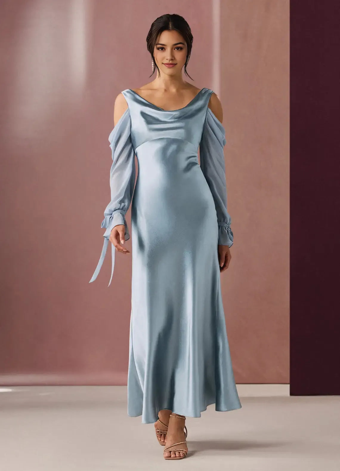 Airy A Line Cowl Neck Cold Shoulder Long Sleeve Open Back Floor Length Hot Sale Prom Dress