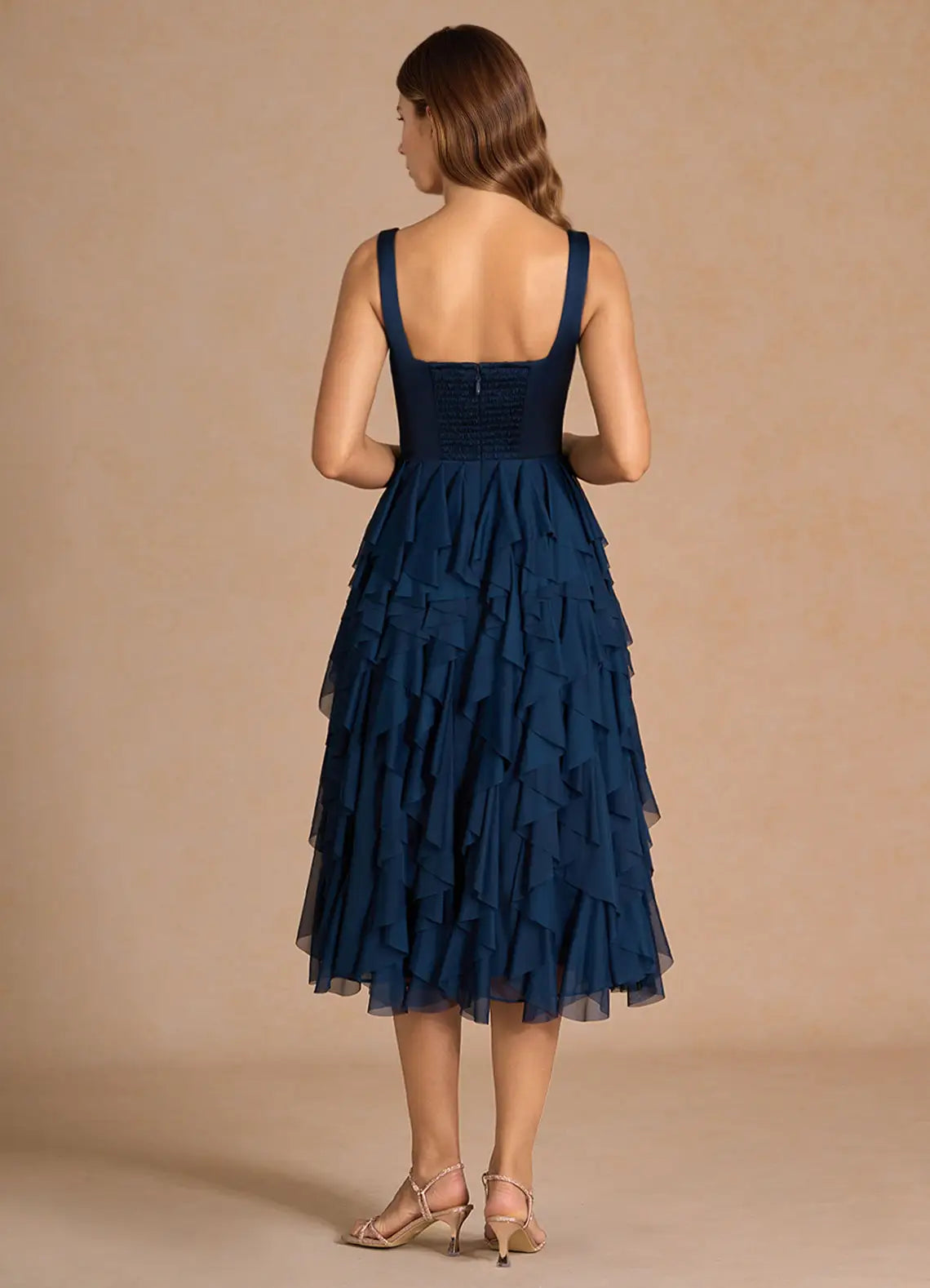 Airy A Line Square Neck Sleeveless Smocked Back Ruffled Midi Hot sale Prom Dress