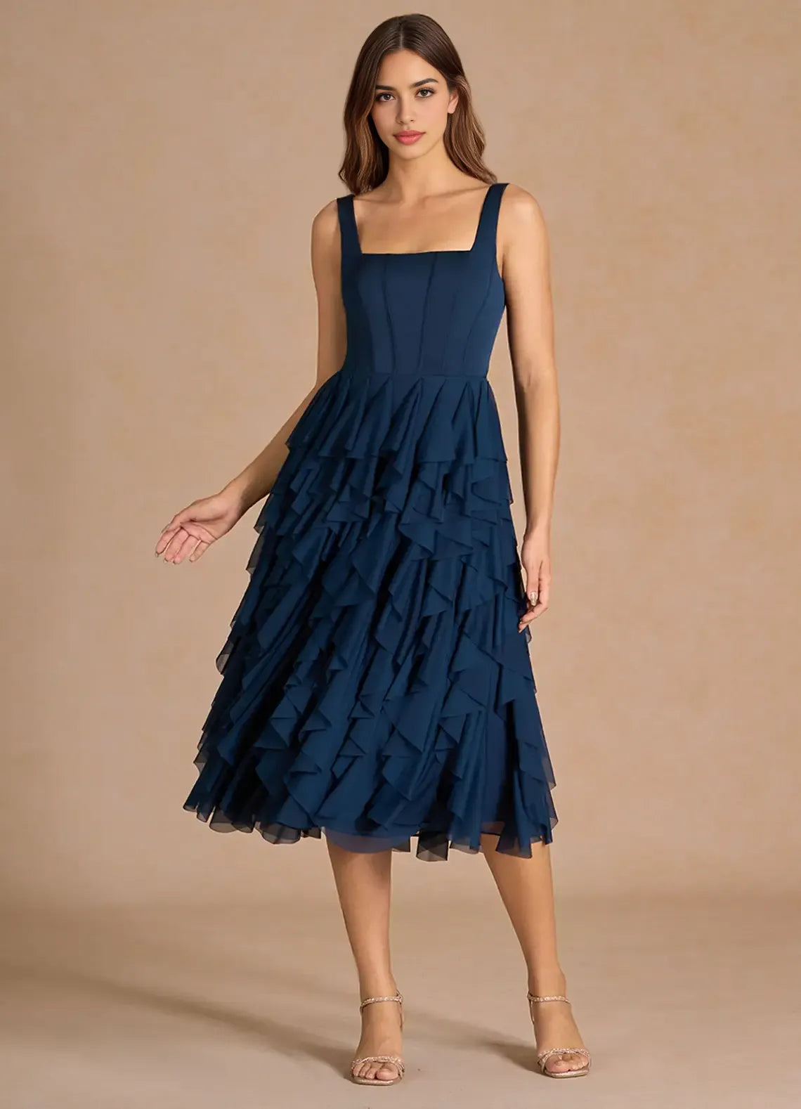 Airy A Line Square Neck Sleeveless Smocked Back Ruffled Midi Hot sale Prom Dress